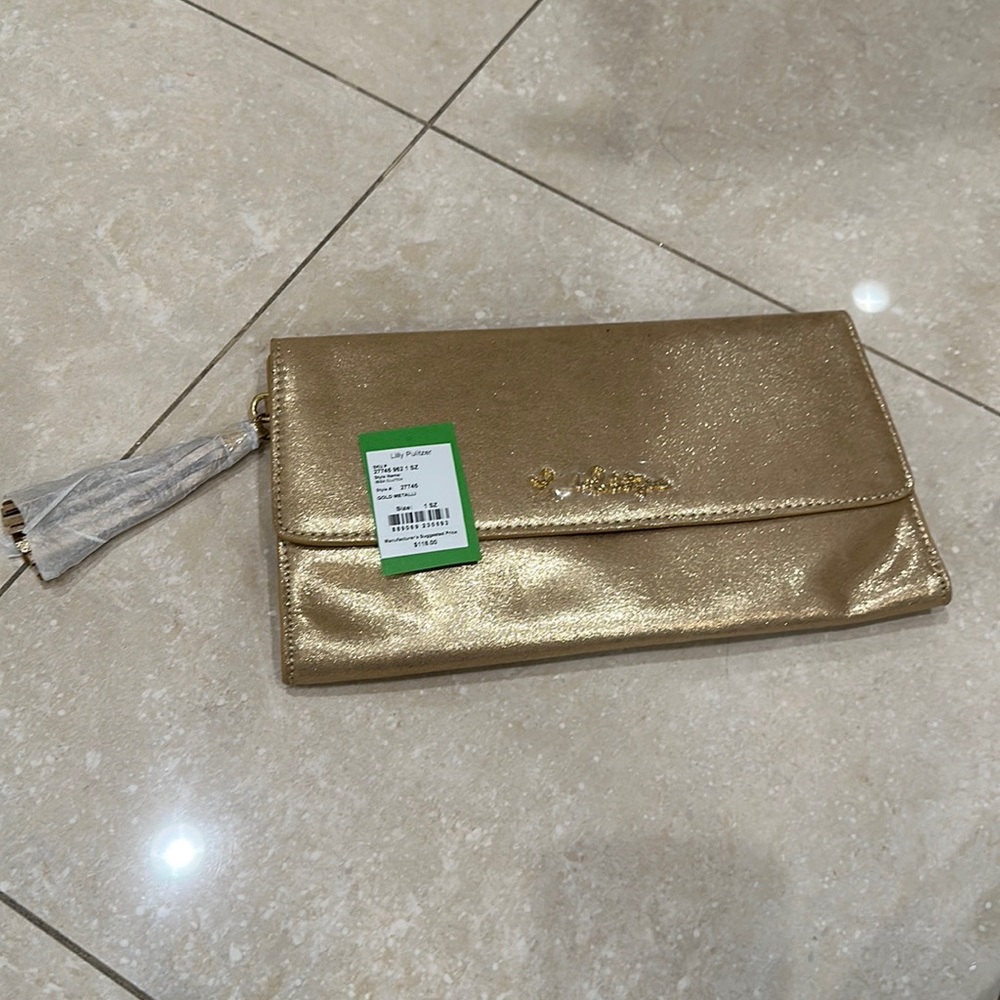 Lilly Pulitzer Gold ibiza Tassel Clutch. NEW